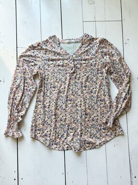 Fantaslook Pink Floral Jersey Knit Blouse Long Sleeve Smocked Cuffs Medium